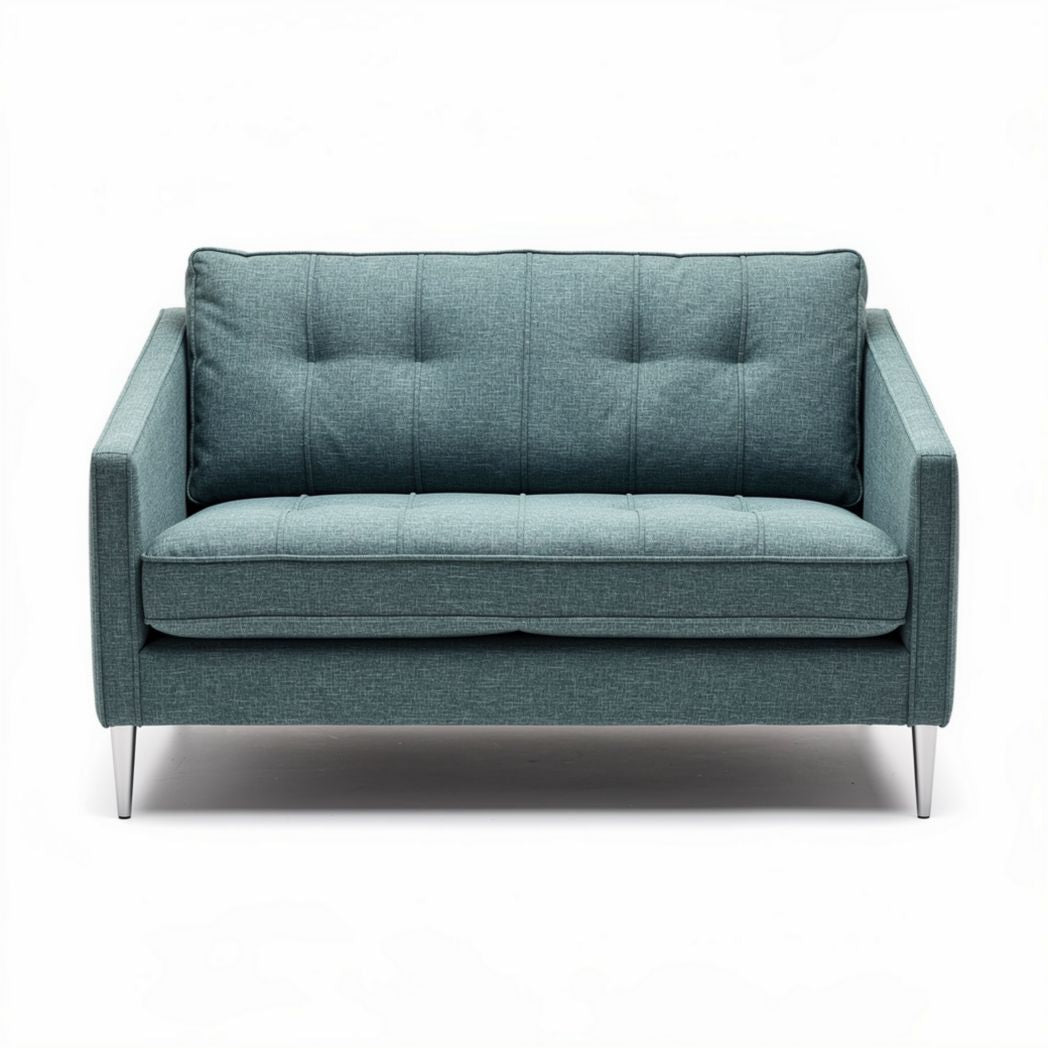 Zweisitzer sofa in hellblauem stoffenbezug mit metallfüßen 150 x 80 x 75cm