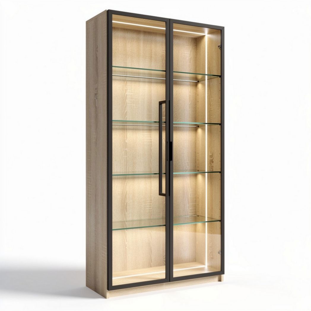 Vitrine aus Eiche mit glastüren und integrierter led-beleuchtung 80 x 40 x 180cm