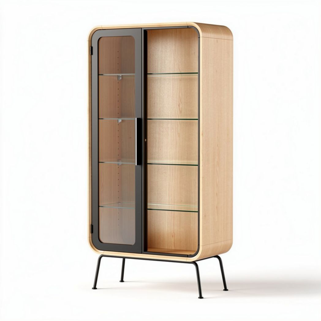 Vitrine aus glas und holz mit metallfüßen 80 x 40 x 180cm