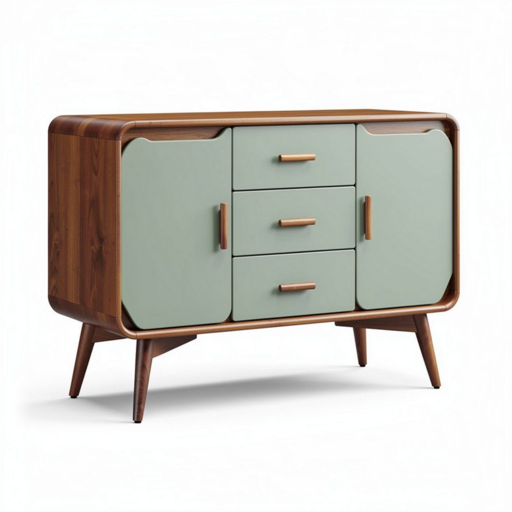 Sideboard aus Nussbaum mit grünen Türen und drei Schubladen 150 x 45 x 85cm